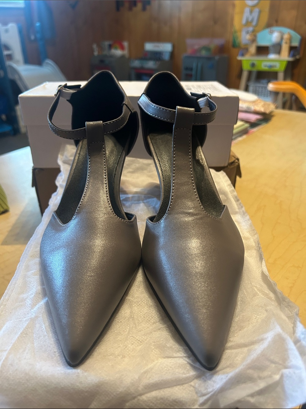 SHEIN Metallic Silver Pointed T-Strap Low Heels